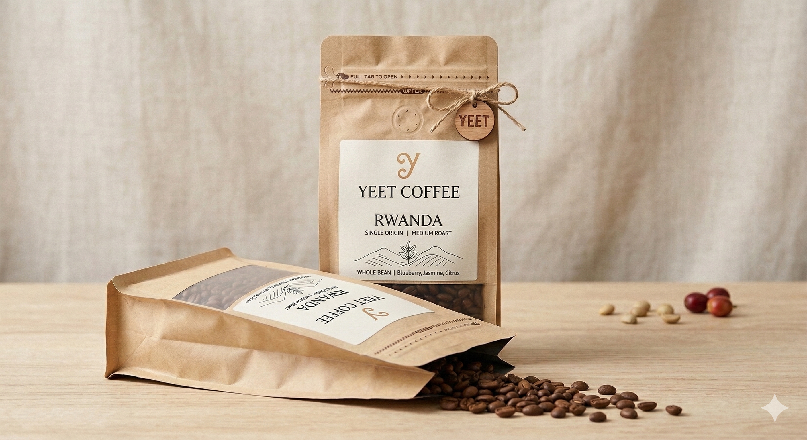 Yeet Coffee Rwanda packaging and roasted beans on table